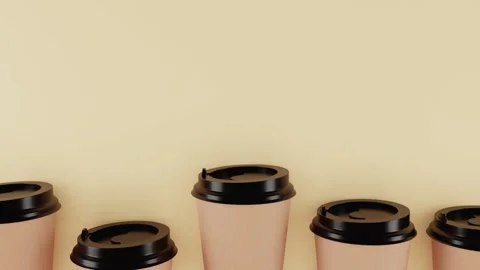 Brown paper coffee cups move on trendy pastel yellow background. Coffee to go. Stock Footage 162732218