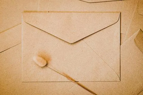 Brown paper envelope with Rabbit tail dry flower. Close-up of Craft envelope. Stock Photos