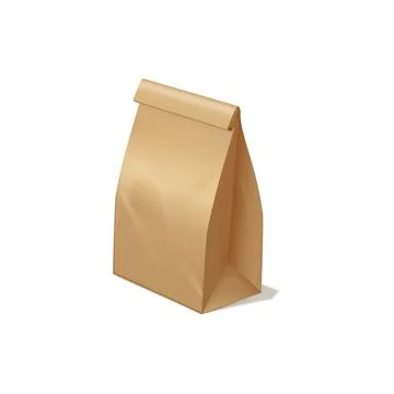 Brown paper lunch bag vector 3D mockup, ecological packet, realistic close kraft Stock Illustration