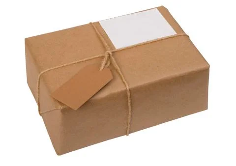 Brown paper package tied with string and  label Stock Photos