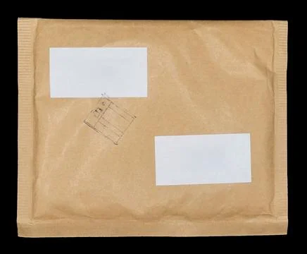 Brown paper padded envelope mailer with white labels and ink stamp Stock Photos