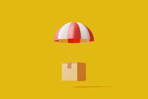Brown parcel cardboard box with red and white parachute on yellow background Stock Illustration