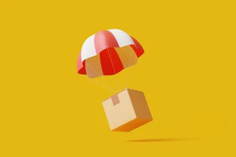 Brown parcel cardboard box with red and white parachute on yellow background イラスト素材