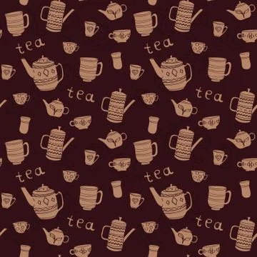Brown pattern with teapot and cups. Stock Illustration