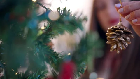 Brown pine cone in hands of beautiful woman, blurred female with red lips Stock Footage 250441306