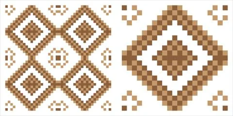 Brown pixel art diamond seamless pattern with a centered geometric motif an.. Stock-Illustration