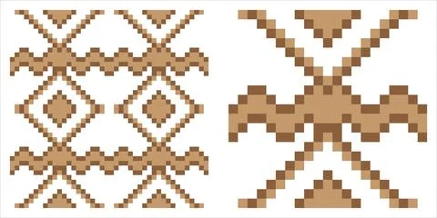 Brown pixel art geometric cross seamless pattern with a symmetrical woven l.. Stockillustratie