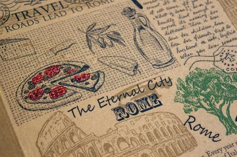 Brown pizza box with display box with pictures of pizza, olives and with the Stock Photos