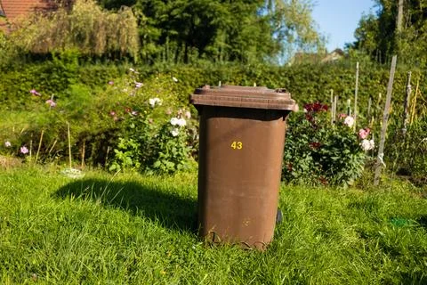 Brown plastic bio waste bin standing on green lawn in backyard Foto stock