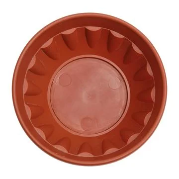 Brown plastic flower pot base isolated on white background. Empty round sau.. Stock Photos