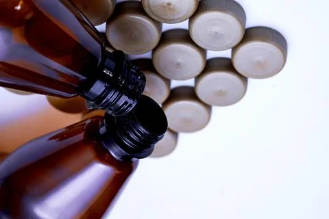Brown plastic various bottles with corks for detergents,beer,soda,lemonade Stock Photos