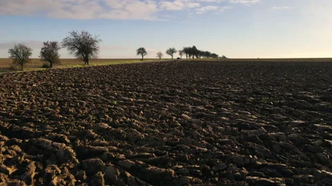 Brown plowed earth of agricultural field on sunny day in aerial view Stock Footage 166345685