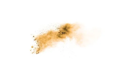 Brown powder dust cloud.Brown particles splattered on white background. Stock Illustration