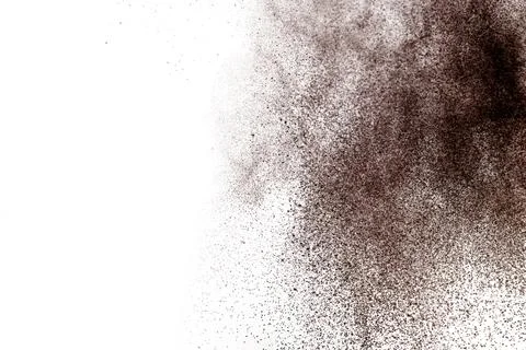Brown powder dust cloud.Brown particles splattered on white background. Stock Illustration