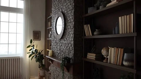 Brown rack with books and decor near the brick fireplace with mirror and potted Stock Footage 233764747