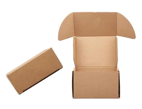 Brown rectangular cardboard box for transporting goods open and closed bro... Stock Photos