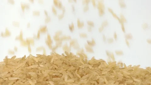 Brown rice on white background falling from top and filling up frame. slow mo Stock Footage 108503079