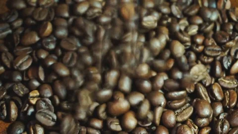 Brown roasted coffee beans are falling down Video stock 82741068