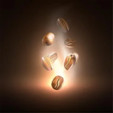 Brown roasted coffee beans falling on pile. Represent breakfast, energy Illustrazione stock