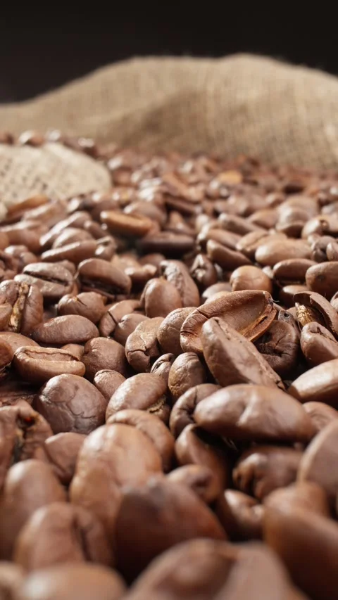 Brown roasted coffee beans. Pile of roasted brown coffee beans. Arabica coffee Stock Footage 305374641
