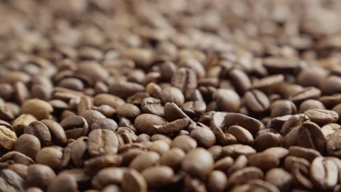 Brown roasted coffee beans rotating. Close-up shot of dark brown coffee beans. Stock Footage 303698705