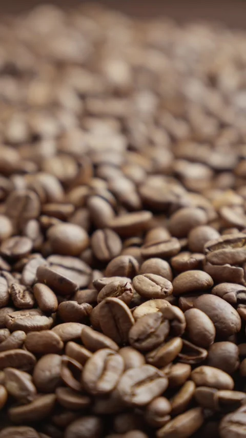 Brown roasted coffee beans rotating. Close-up shot of dark brown coffee beans Stock Footage 304295795