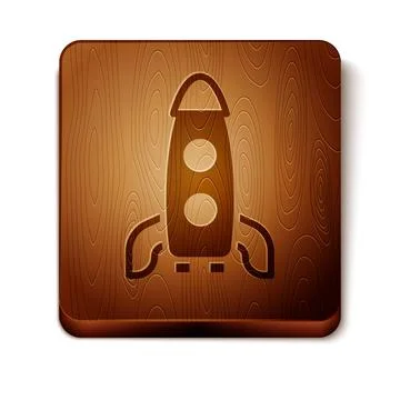 Brown Rocket ship icon isolated on white background. Space travel. Wooden square Stock Illustration