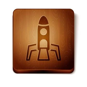 Brown Rocket ship icon isolated on white background. Space travel. Wooden square Ilustración de archivo