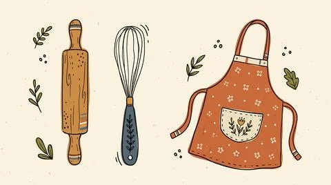 Brown rolling pin, blue whisk, and orange apron kitchen utensils for baking. Stock Illustration