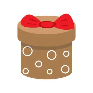 Brown round gift box with red ribbon, vector illustration in cartoon flat style. Stock Illustration