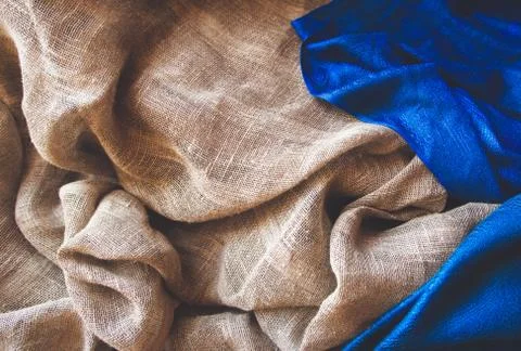 Brown rustic raw sackcloth and blue fabric photo. A4 A5 international paper s Foto stock