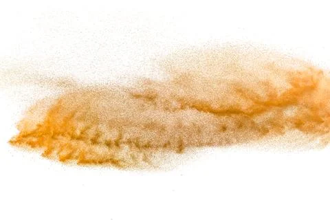 Brown sand explosion isolated on white background. Abstract sand cloud back.. Stock Photos