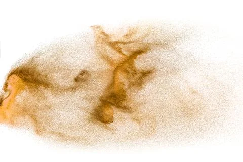 Brown sand explosion isolated on white background. Abstract sand cloud back.. Stock Photos