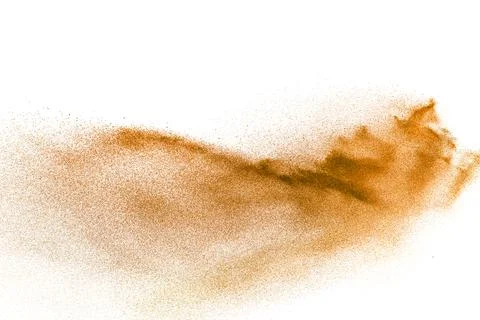 Brown sand explosion isolated on white background. Abstract sand cloud back.. Stock Photos