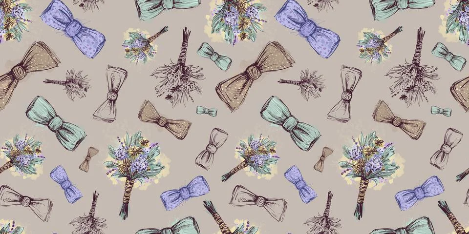 Brown seamless pattern with bow tie boutonniere. Watercolor pattern for a Stock Illustration