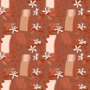 Brown seamless pattern with coffe flowers, bean and packs Illustrazione stock