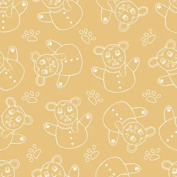 Brown seamless pattern cute chibi bear character set in winter outfit Stock Illustration