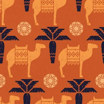 Brown seamless pattern of symbols, landmarks, and signs of Egypt from icons in a Stock Illustration
