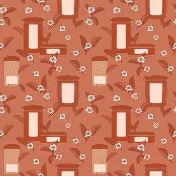 Brown seamless pattern with tea boxes and flowers 스톡 일러스트