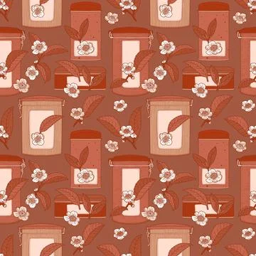 Brown seamless pattern with tea flowers, leaves and cans Stock Illustration