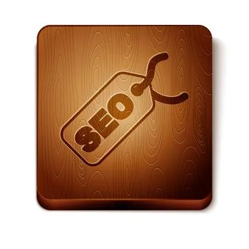Brown SEO optimization icon isolated on white background. Wooden square button Stock Illustration