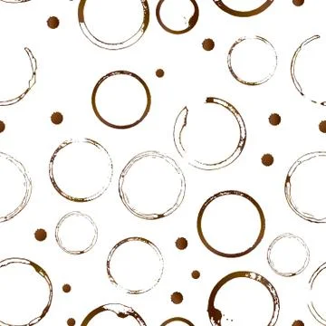 Brown shape of coffee stains and drop splashes seamless pattern. Coffee cup b 스톡 일러스트