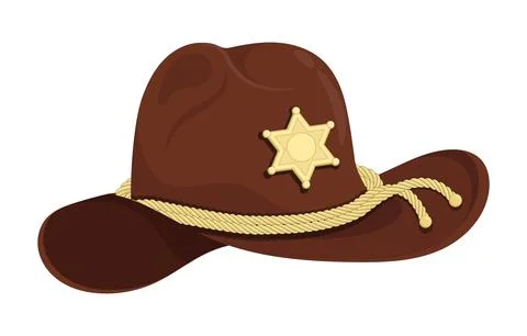 Brown sheriff hat with hexagonal gold star. Headdress with symbol of law en.. Stock-Illustration