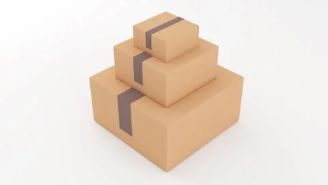 Brown shipping boxes are stacked on top of each other on a white background.. Illustrazione stock