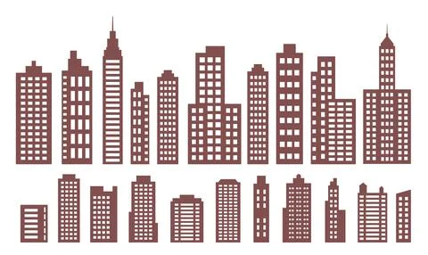 Brown Silhouette Elements Set of Skyscraper Tower Building in City Town 스톡 일러스트