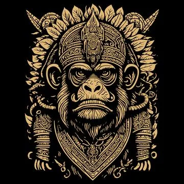 Brown silhouette of monkey in ancient Aztec style isolated on black Stock Illustration