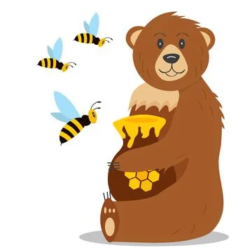 Brown smiling bear sits and holds a jug of honey Stock Illustration