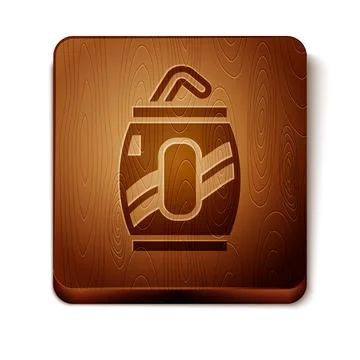 Brown Soda can with drinking straw icon isolated on white background. Wooden  Stock Illustration