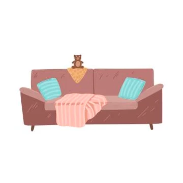 Brown sofa with pillows and blanket. Couch isolated. Vector illustration Stock Illustration