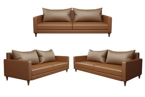 Brown sofa three perspective layout with pillows, 3d renderings, isolated on  Foto stock